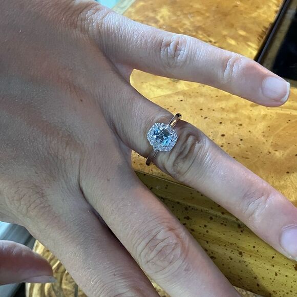 Natural Aquamarine Sterling Silver Halo Ring Size 6 - Picture 4 of 9